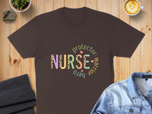 Load image into Gallery viewer, Brown t-shirt with "Nurse protector warrior hero" text and leopard print.
