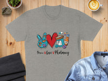 Load image into Gallery viewer, Gray t-shirt with "Peace Love Pharmacy" text and medical imagery.
