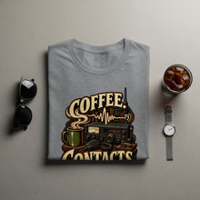 Load image into Gallery viewer, Grey t-shirt with "COFFEE CONTACTS" and vintage radio graphic.

