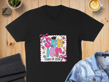 Load image into Gallery viewer, Black t-shirt with "Senior Class of 2026" text, diplomas, and bows design.
