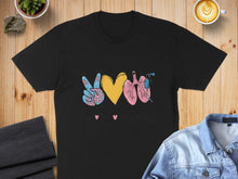 Load image into Gallery viewer, Black t-shirt with "Peace Love Respiratory" and lung graphic.
