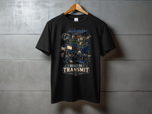 Load image into Gallery viewer, Black t-shirt with an exploded view schematic of radio equipment and text "BUILT TO TRANSMIT".
