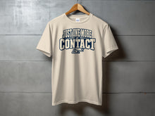 Load image into Gallery viewer, Cream t-shirt with navy blue text "JUST ONE MORE CONTACT" and telegraph machine graphic.
