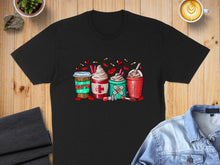 Load image into Gallery viewer, T-shirt with four coffee cups decorated as medical supplies.
