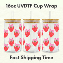 Load image into Gallery viewer, Strawberries Bows 16oz UVDTF Cup Wrap *Physical Transfer* UV DTF Transfers, Cup Wrap Transfers, Ready to Ship uvdtf
