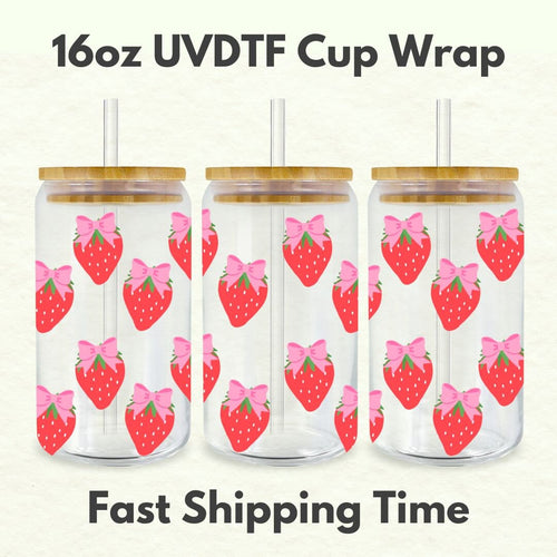 Strawberries Bows 16oz UVDTF Cup Wrap *Physical Transfer* UV DTF Transfers, Cup Wrap Transfers, Ready to Ship uvdtf