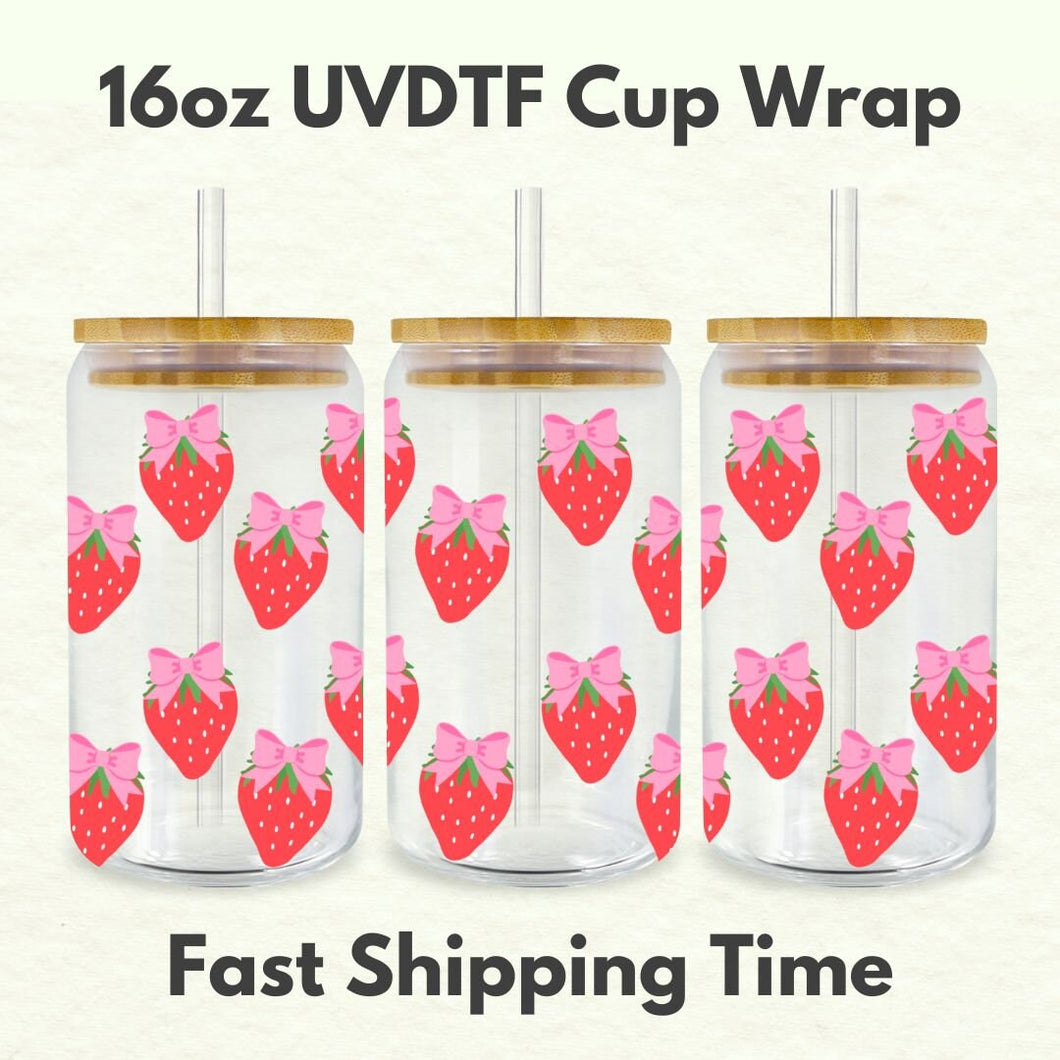 Strawberries Bows 16oz UVDTF Cup Wrap *Physical Transfer* UV DTF Transfers, Cup Wrap Transfers, Ready to Ship uvdtf