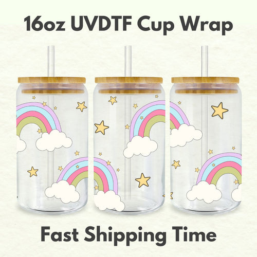 Rainbows Stars 16oz UVDTF Cup Wrap, UV DTF Transfers, Retro Cup Wrap Transfers, Ready to Ship uvdtf 0010