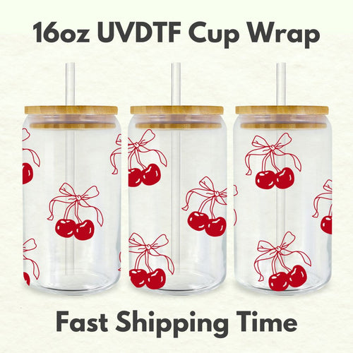 Cherry Bows 16oz UVDTF Cup Wrap, Coquette UV DTF Transfers, Cup Wrap Transfers, Ready to Ship uvdtf 0011