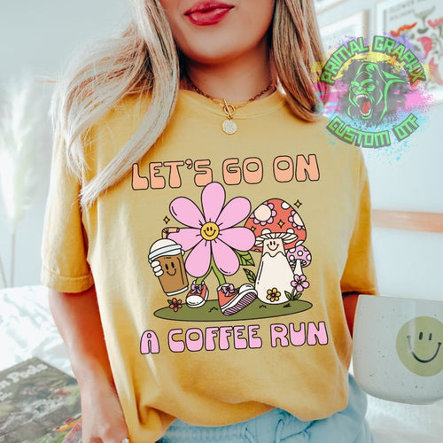 Let's Go on a Coffee Run Retro Ready to Press DTF Transfer Groovy Character Tshirt Transfer DTF Checkered Retro D0028