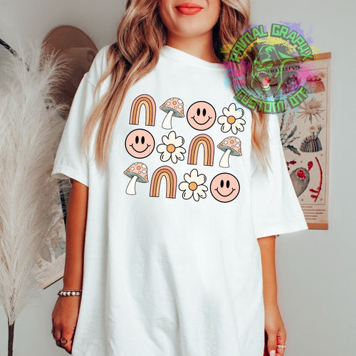 Ready to Press Retro Smiley Rainbow Mushroom Boho DTF Transfer Retro Aesthetic Trendy DTF Transfer Apparel Transfer Tshirt Transfer D0046