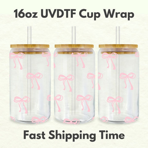 Pink Bows 16oz UVDTF Cup Wrap, Coquette UV DTF Transfers, Cup Wrap Transfers, Ready to Ship uvdtf 0009