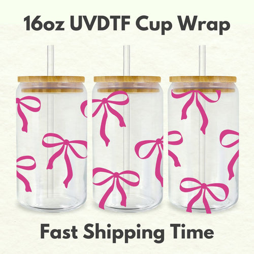 Pink Bows 16oz UVDTF Cup Wrap, Coquette UV DTF Transfers, Cup Wrap Transfers, Ready to Ship uvdtf 0012