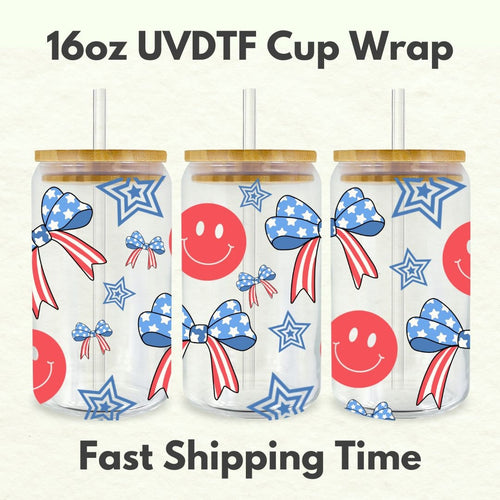 4th of July Smiley 16oz UVDTF Cup Wrap, 4th of July Coquette Bows UV DTF Transfers, Cup Wrap Transfers, Ready to Ship uvdtf 0014
