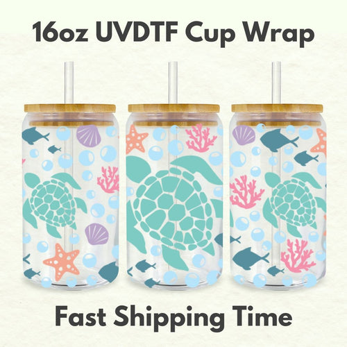 Turtle Summer 16oz UVDTF Cup Wrap *Physical Transfer* UV DTF Transfers, Summer Cup Wrap Transfers, Ready to Ship uvdtf 0022