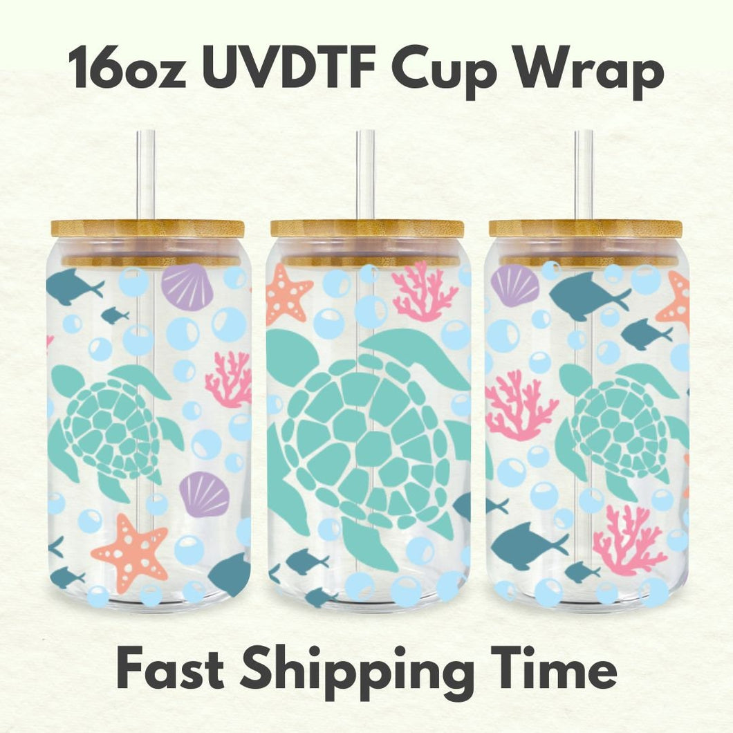 Turtle Summer 16oz UVDTF Cup Wrap *Physical Transfer* UV DTF Transfers, Summer Cup Wrap Transfers, Ready to Ship uvdtf 0022