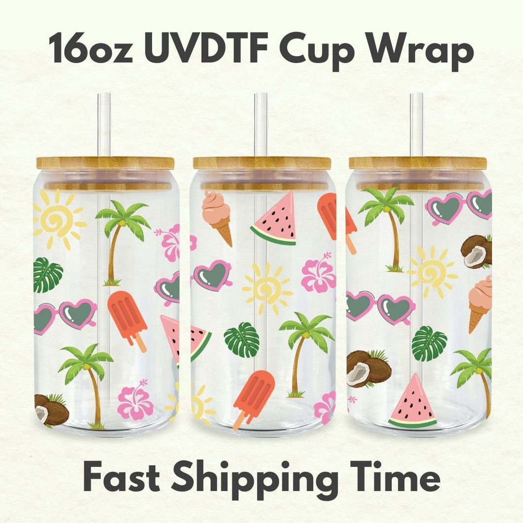 Summer Beach Vacation 16oz UVDTF Cup Wrap *Physical Transfer* UV DTF Transfers, Beach Cup Wrap Transfers, Ready to Ship uvdtf 0017