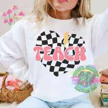 Load image into Gallery viewer, Ready to Press Teacher Retro Checkered DTF Transfer DTF Apparel Transfer Teacher Lightening Bolt Groovy Checkered Heart D0099
