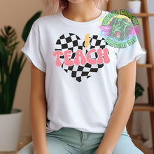 Load image into Gallery viewer, Ready to Press Teacher Retro Checkered DTF Transfer DTF Apparel Transfer Teacher Lightening Bolt Groovy Checkered Heart D0099
