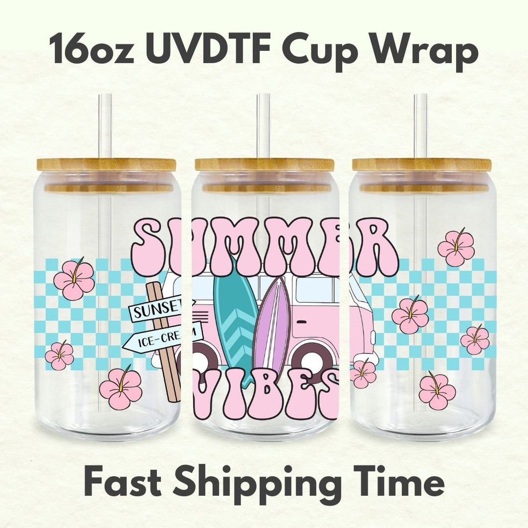 Summer Vibes Checkered Retro 16oz UVDTF Cup Wrap *Physical Transfer* UV DTF Transfers, Summer Cup Wrap Transfers, Ready to Ship uvdtf 0021